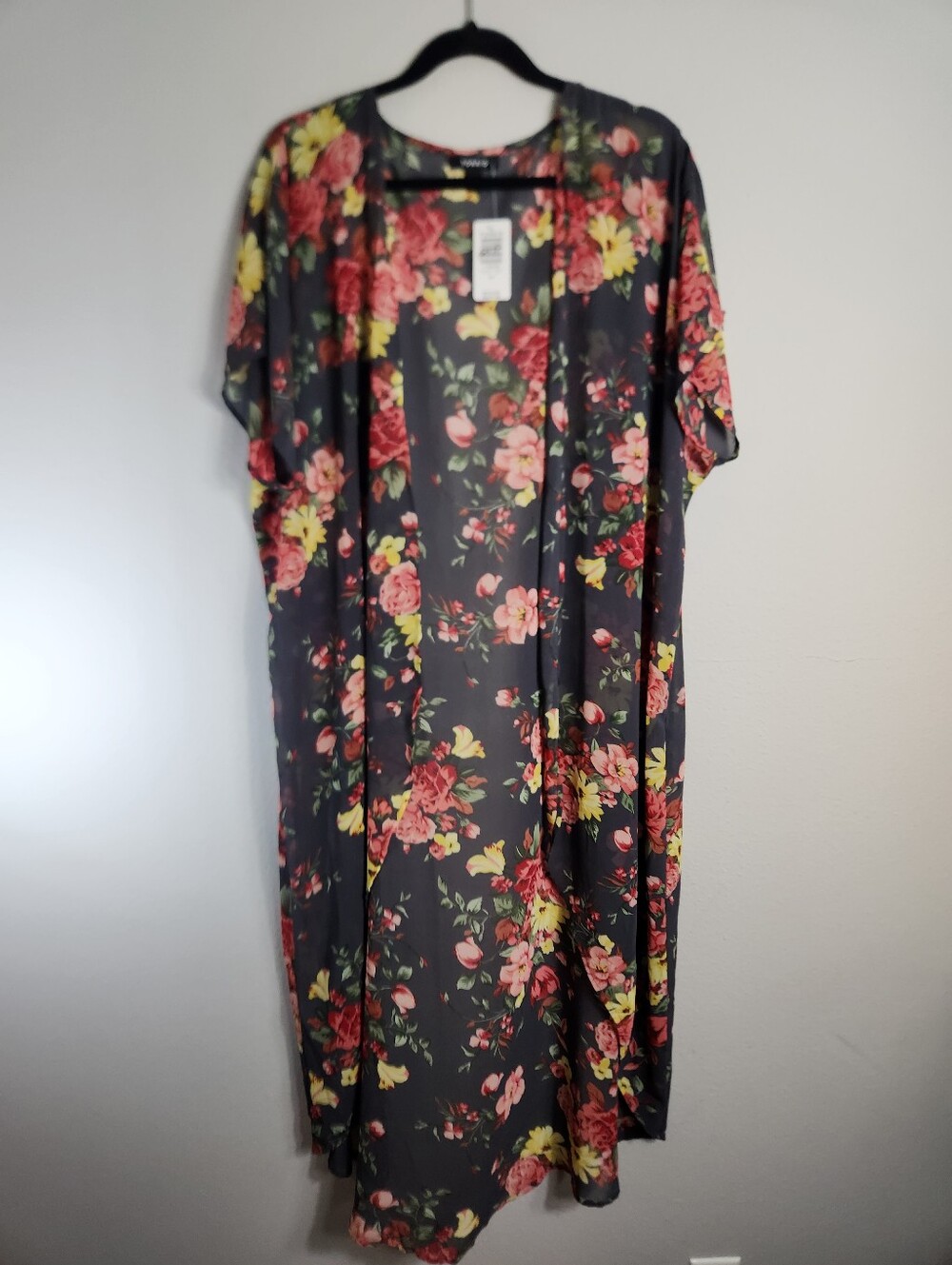 Torrid Womens |1X/2X| Gray Floral Chiffon Sheer Maxi Kimono Duster Cardigan